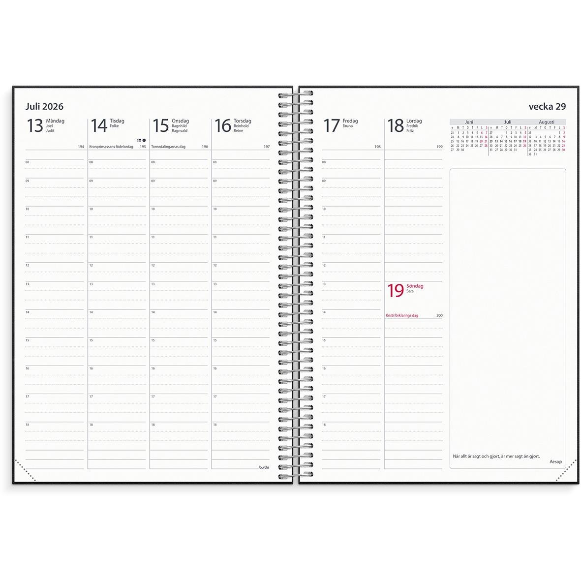 Öppnad noteringskalender för lärare med veckoplanering för juli 2026, A5-format