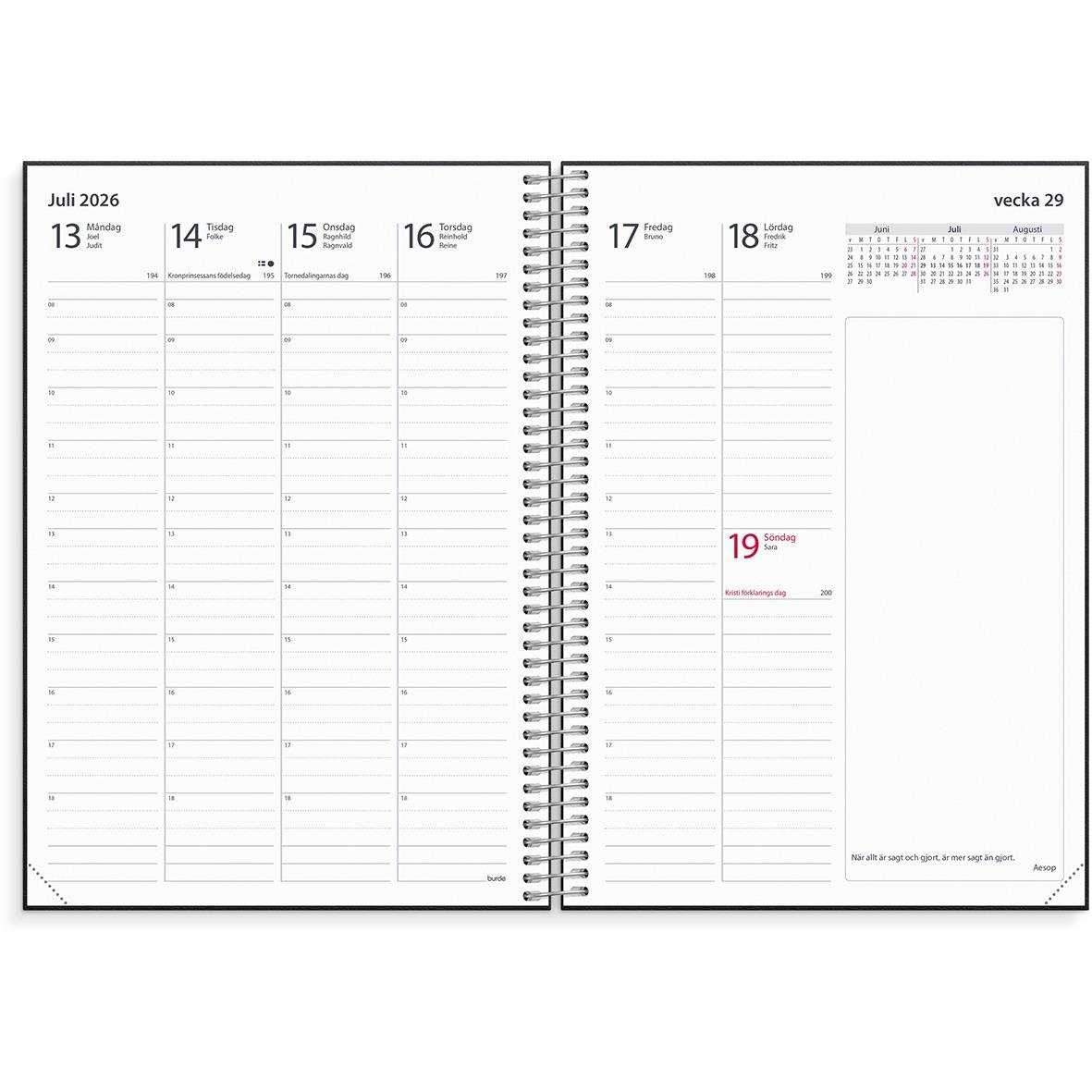 Öppnad noteringskalender för lärare med veckoplanering för juli 2026, A5-format