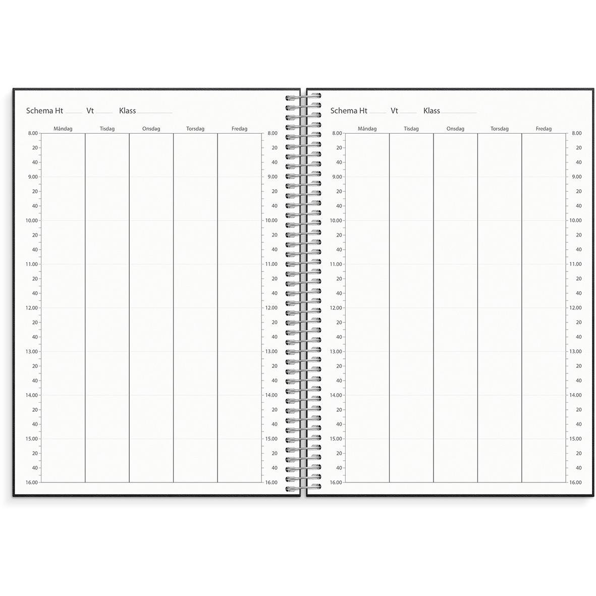 Öppen noteringskalender för lärare med veckoplanering och schemauppdelning i A5-format
