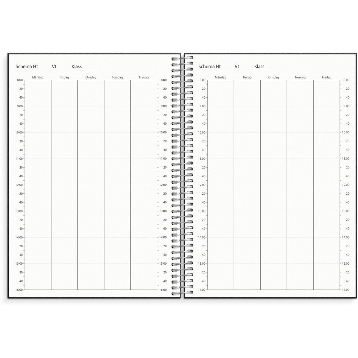 Öppen noteringskalender för lärare med veckoplanering och schemauppdelning i A5-format