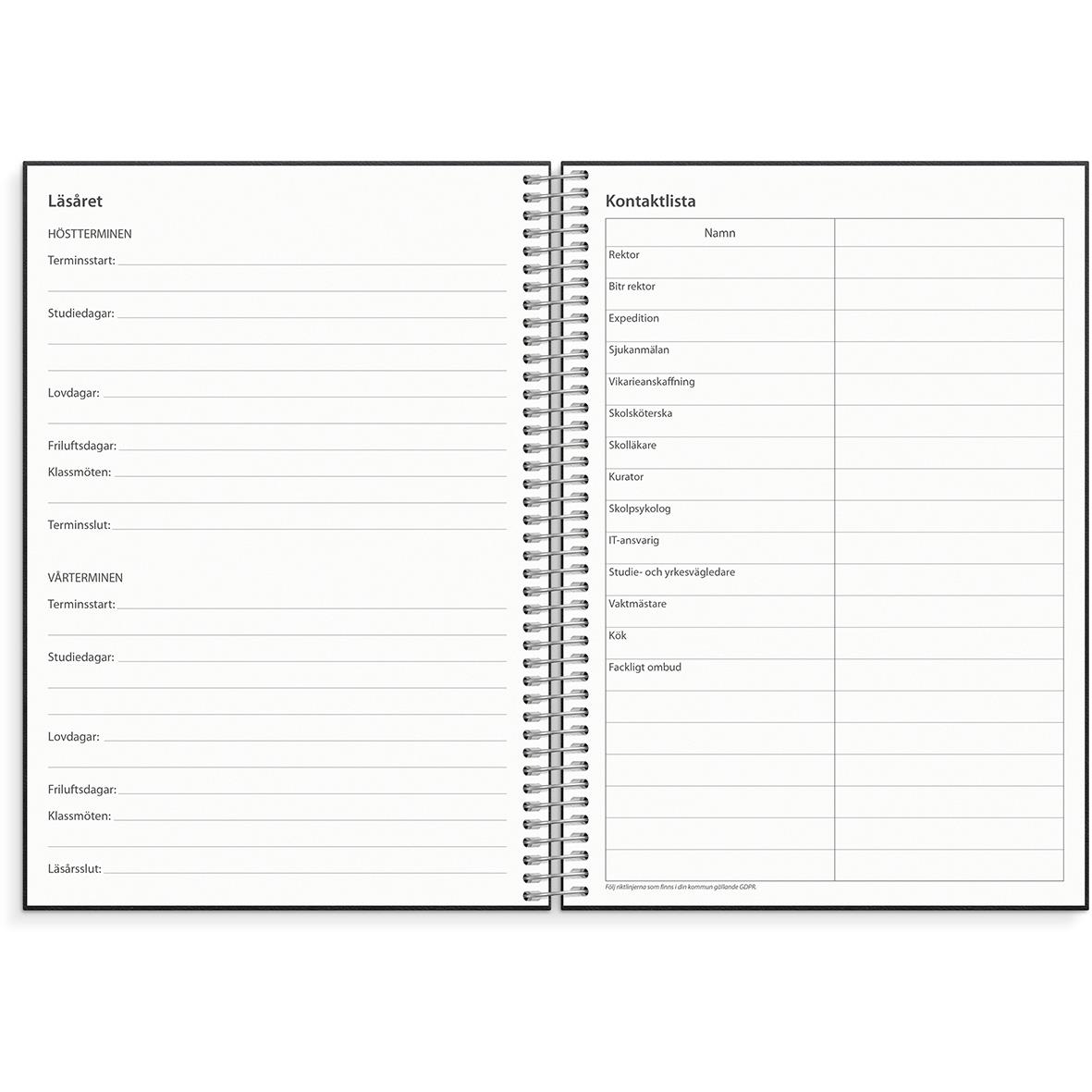 Öppnad almanacka för lärare med noteringskalender och kontaktlista, A5-storlek, för åren 2025-2026