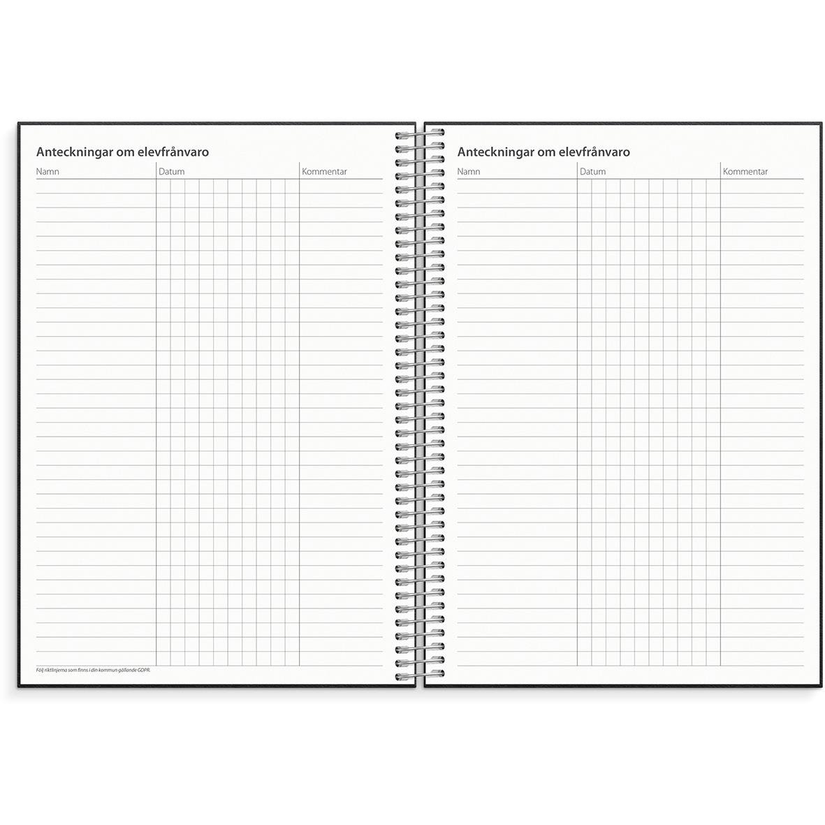 Öppnad noteringskalender för lärare med plats för anteckningar om elevnärvaro i A5-format