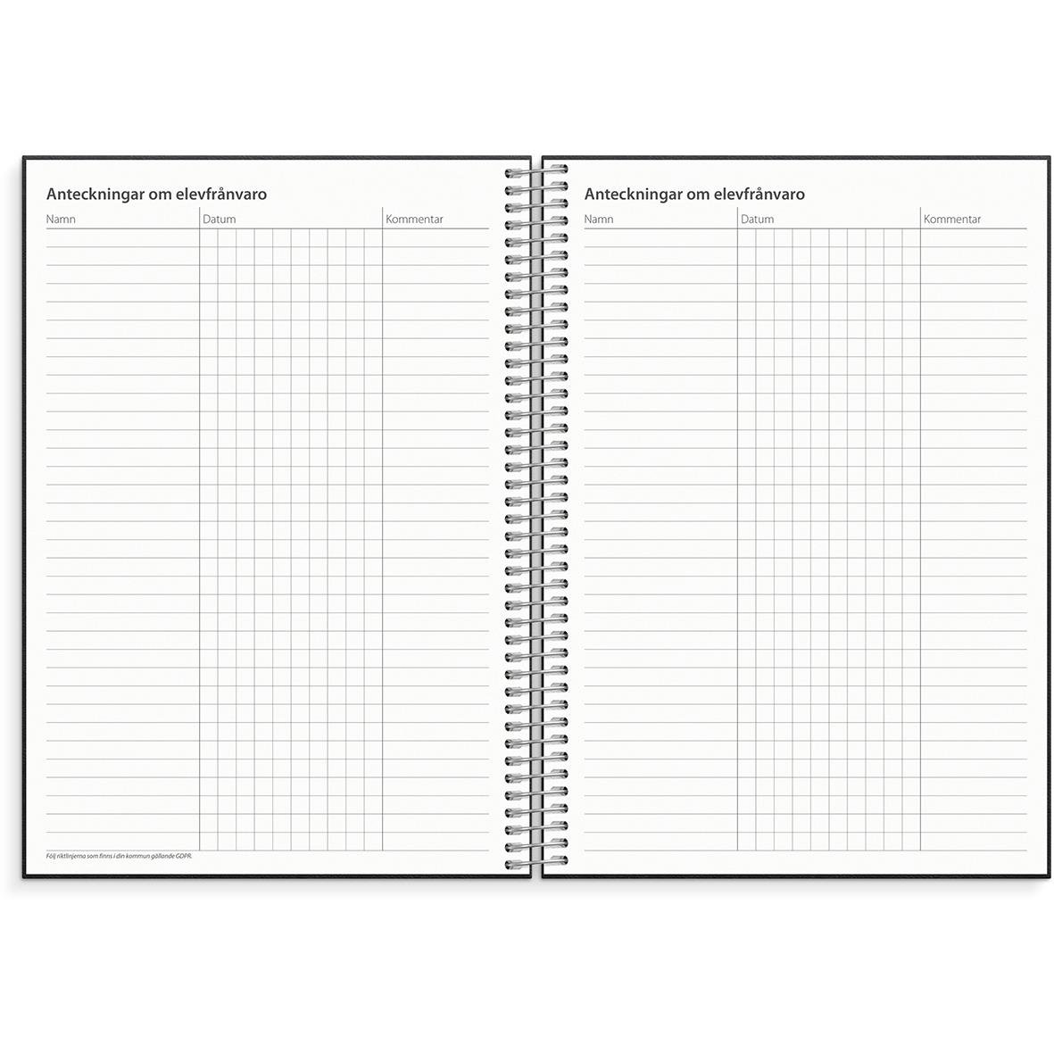Öppnad noteringskalender för lärare med plats för anteckningar om elevnärvaro i A5-format