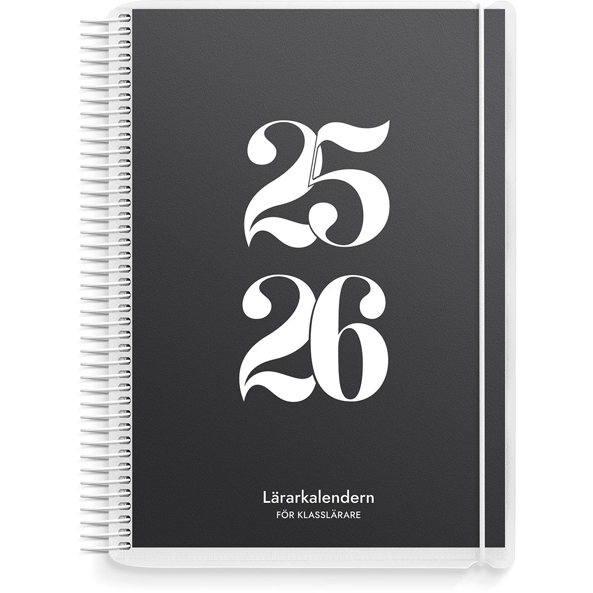 Lärarkalender för klasslärare 2025-26 i A5-format med svart omslag och vit spiralbindning