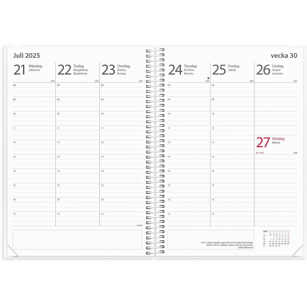 Lärarkalender för juli 2025 med veckodagar och datum, plats för anteckningar, i A5-format