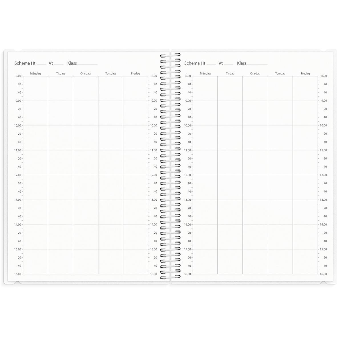 Lärarkalender för klasslärare 2025-26 i A5-format med scheman och veckoplaneringar för skolåret