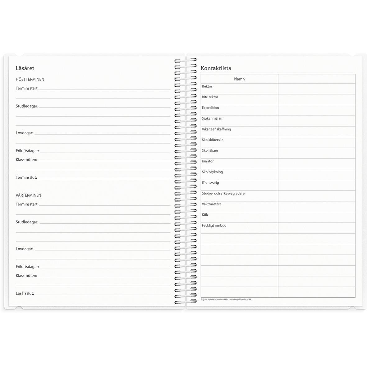 Lärarkalender för klasslärare 2025-26 i A5-format med kalender och kontaktlista