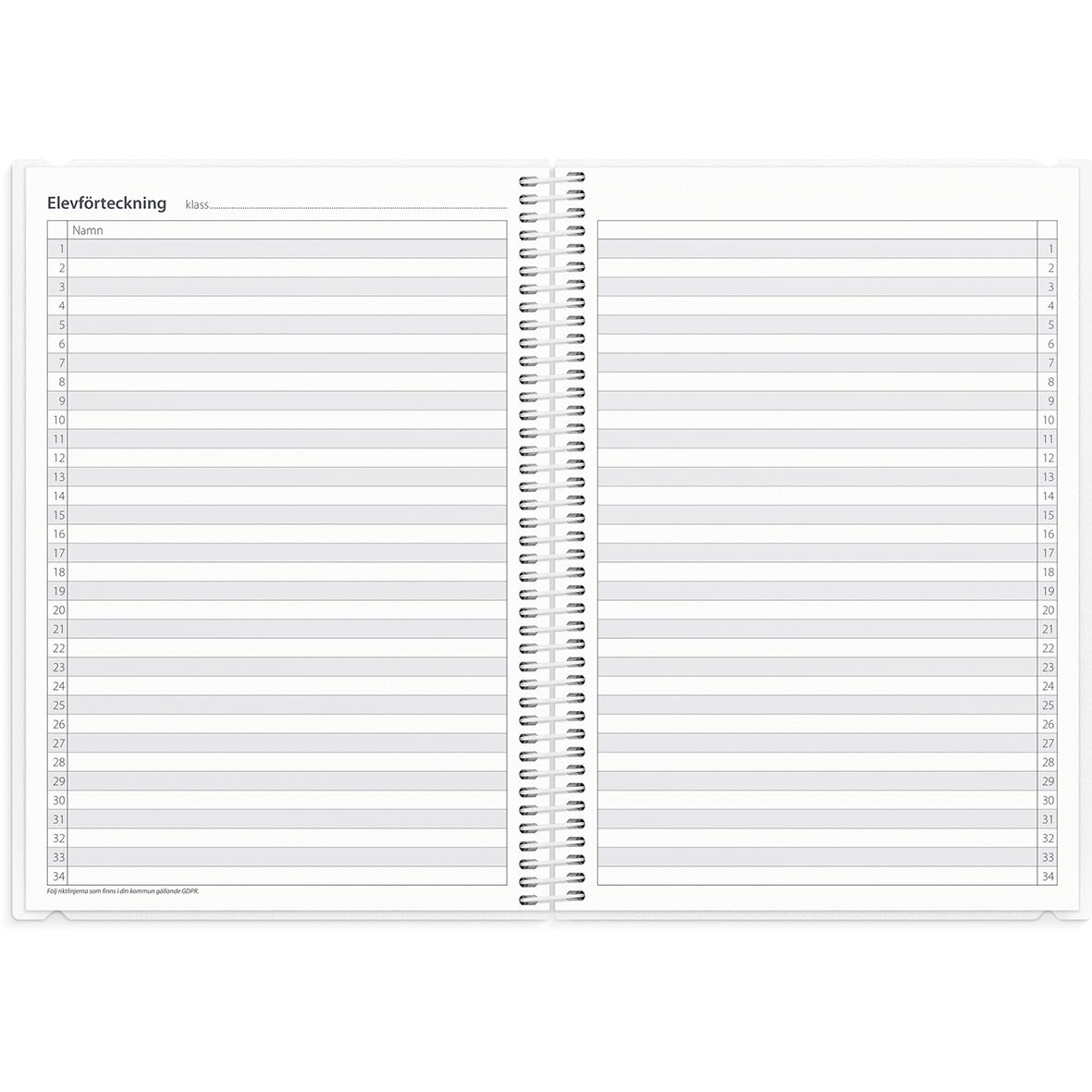 Öppnad lärarkalender för klasslärare med plats för elevförteckning och dagbok, A5-format för åren 2025-2026
