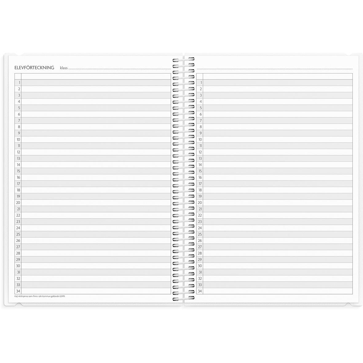 Öppnad lärarkalender med plats för anteckningar om elever, datum och kommentarer i A5-format