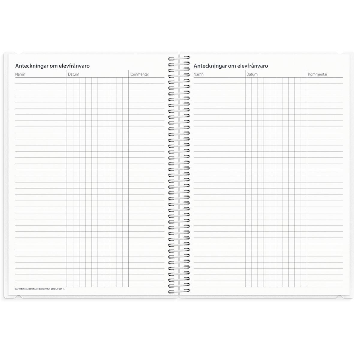 Öppnad lärarkalender med plats för anteckningar om elever, datum och kommentarer i A5-format