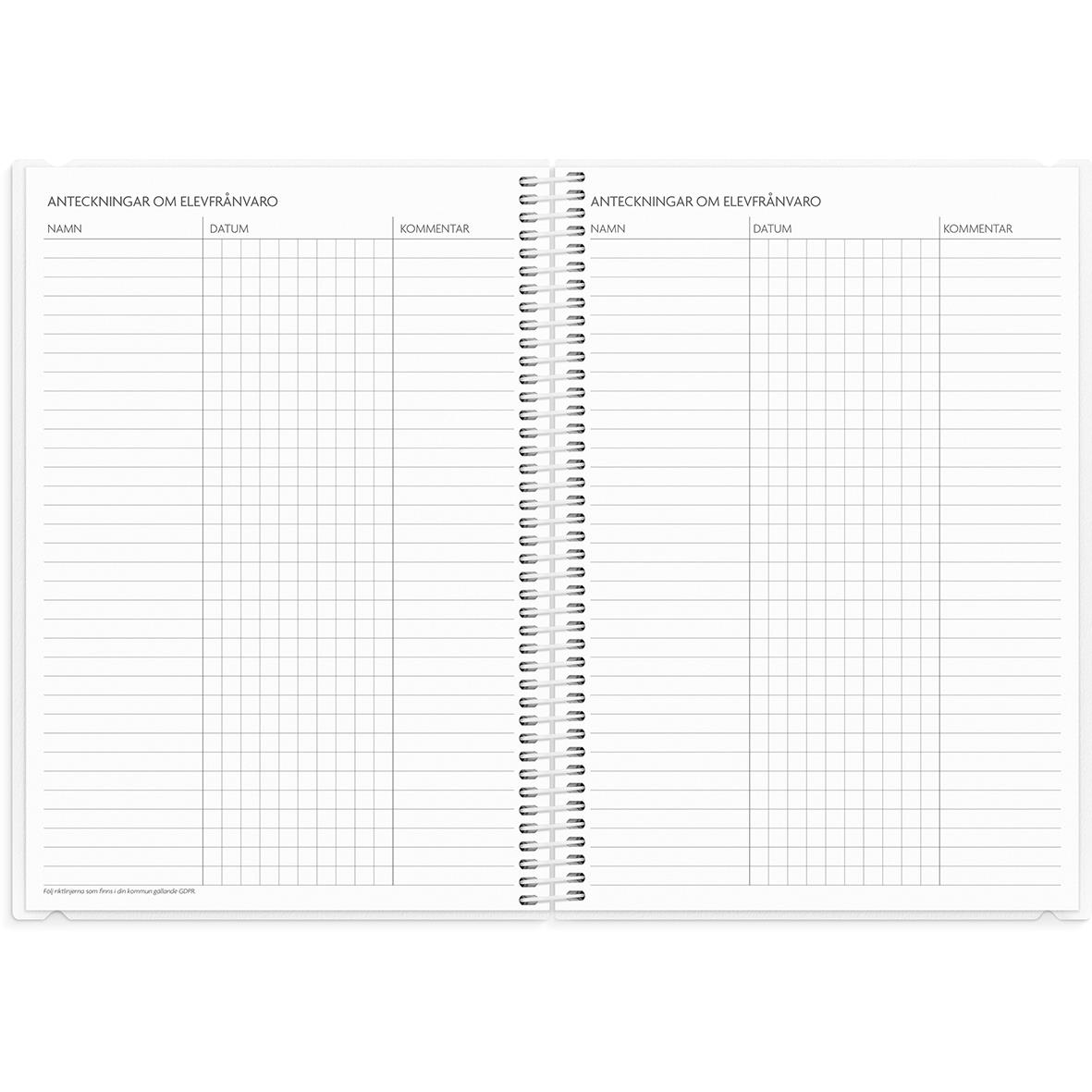 Öppen lärarkalender med linjerade sidor för anteckningar, A5-storlek, för år 2025-2026
