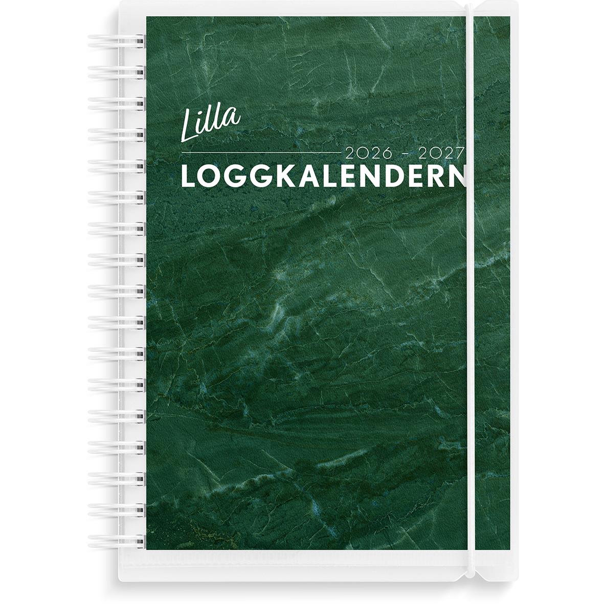 Loggkalender för 2025-2026 med grön marmorerad omslag och elastisk band