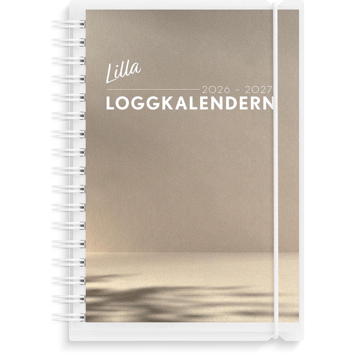 Liten loggbokkalender för 2025-2026 i A6-format med spiralbindning och elastisk band