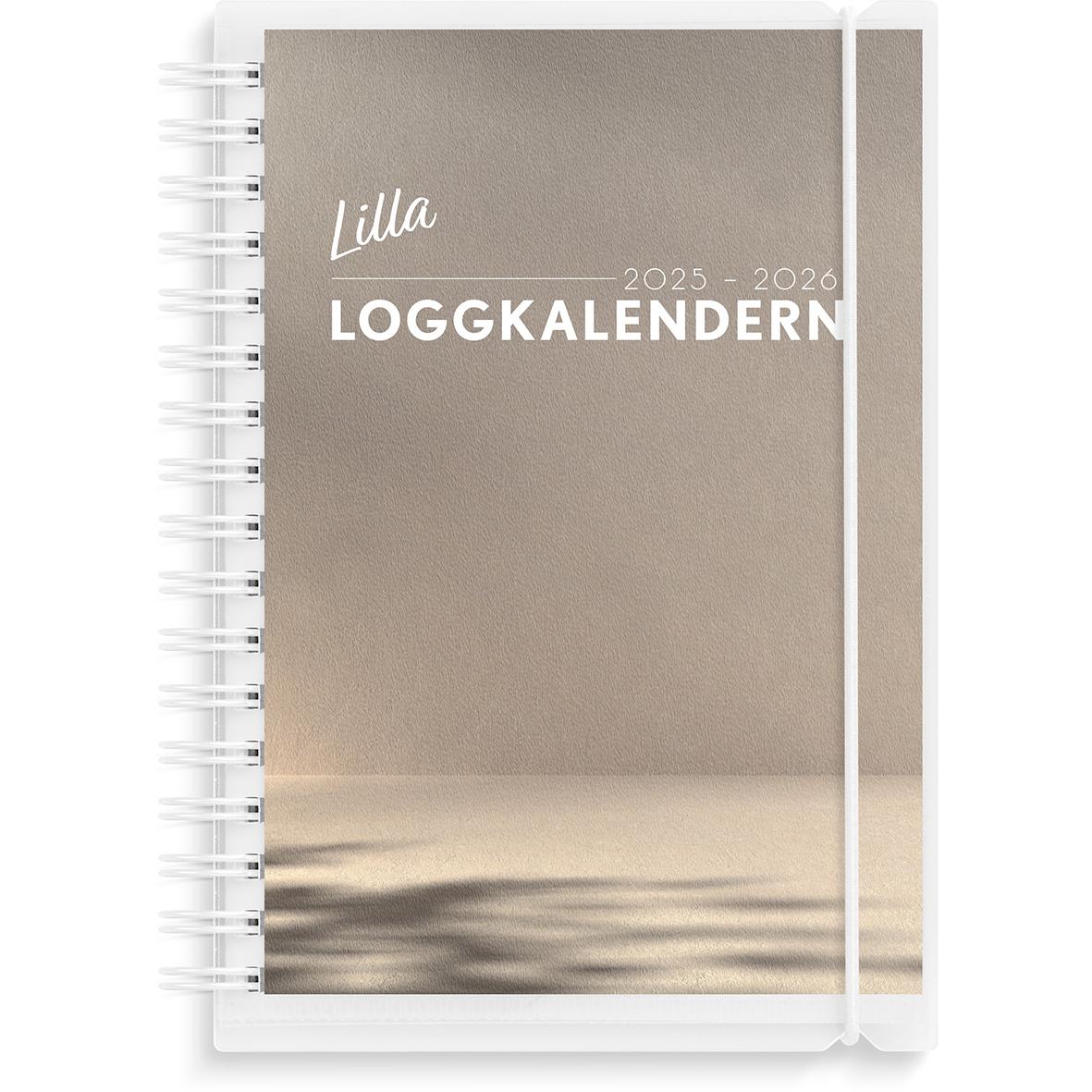 Liten loggbokkalender för 2025-2026 i A6-format med spiralbindning och elastisk band