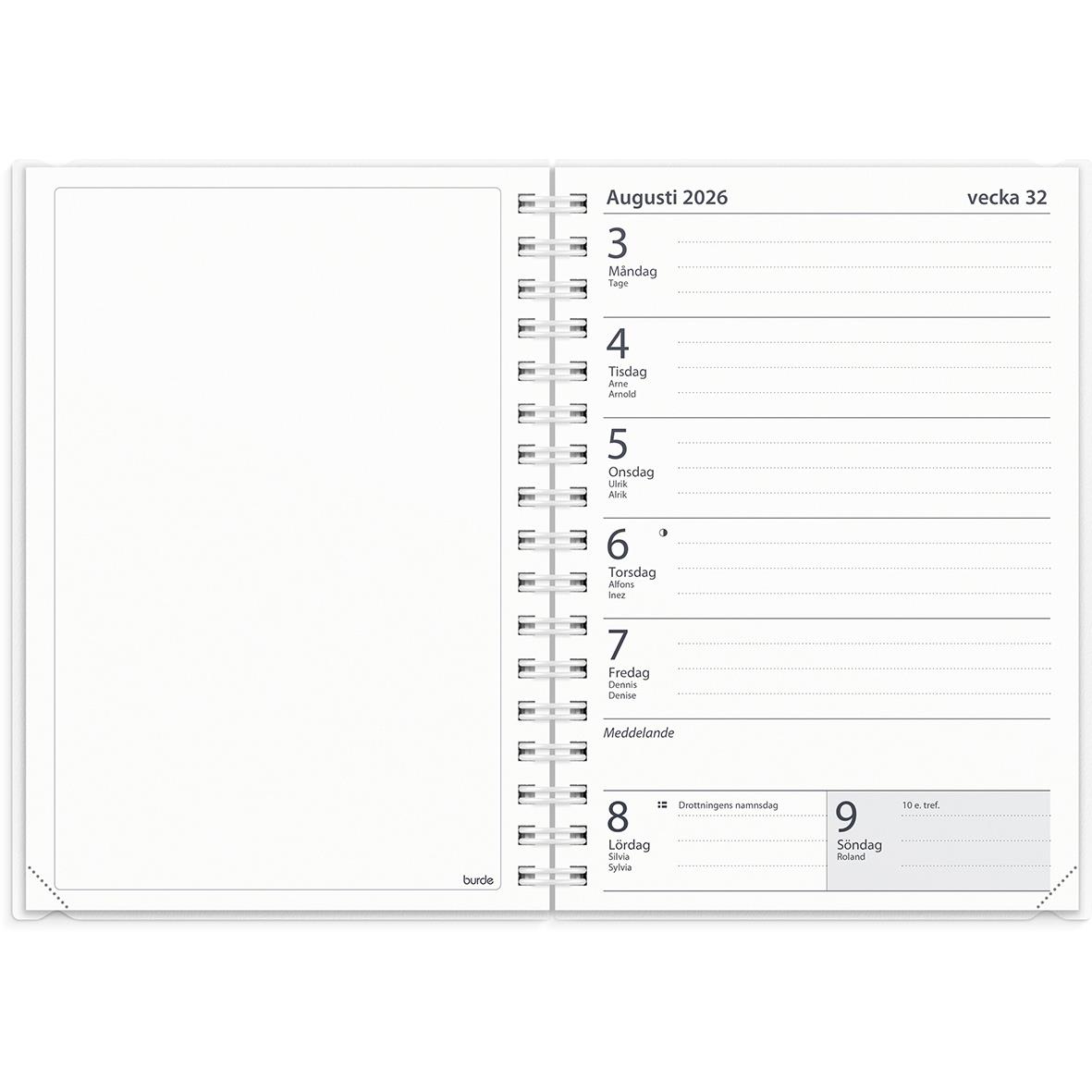 Öppnad loggkalender för augusti 2026 med veckodagar och datum, spiralbindning, A6 storlek