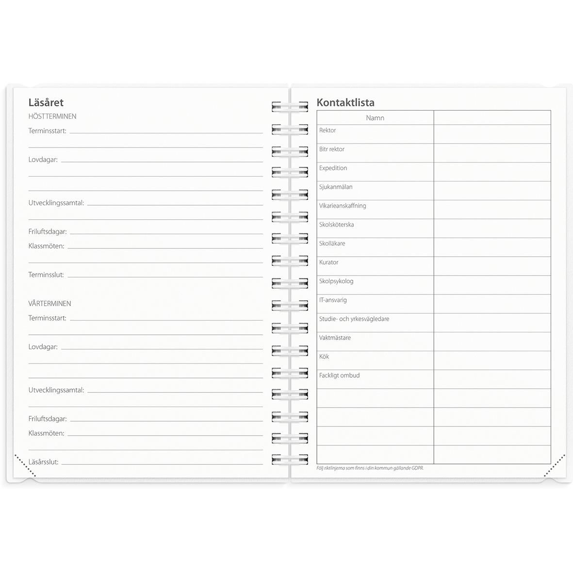 Loggkalender för 1258 med plats för anteckningar, kontaktlista och kalender i A6-format