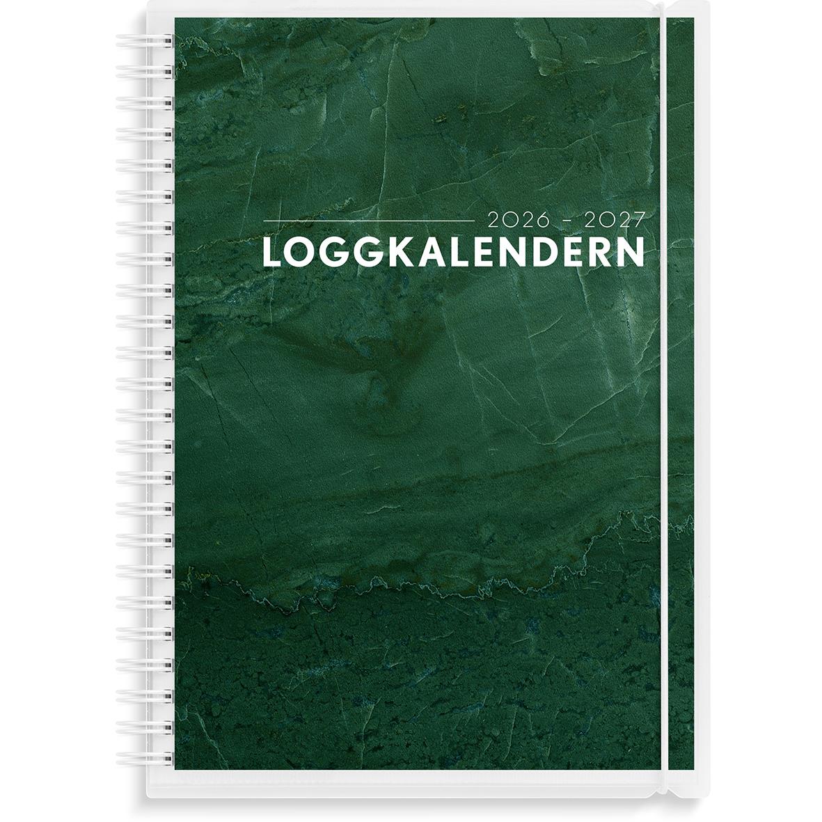 Loggkalender för 2025-2026 i A5-format med spiralbindning och grön marmorerad omslag