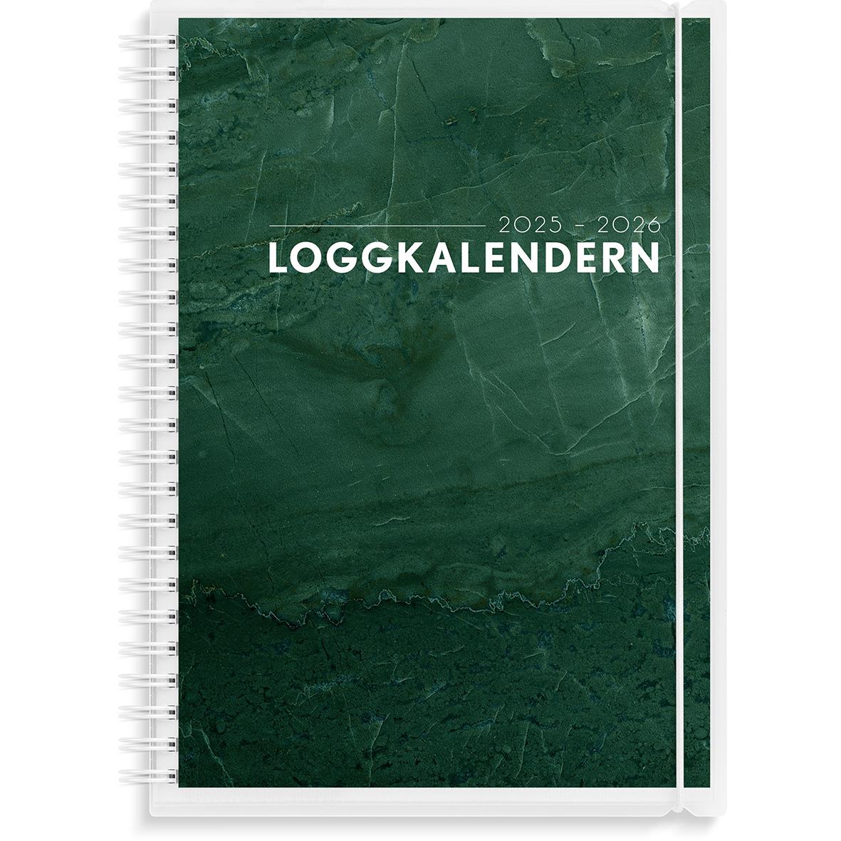 Loggkalender för 2025-2026 i A5-format med spiralbindning och grön marmorerad omslag