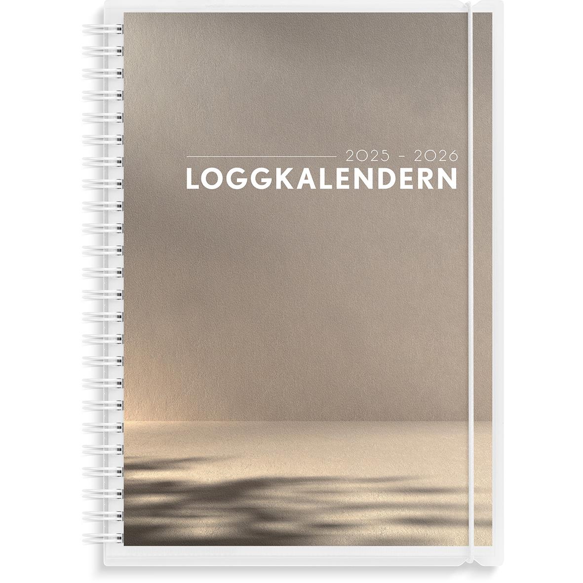 Loggkalender för 2025-2026 i A5-format med spiralbindning och silverfärgad omslag