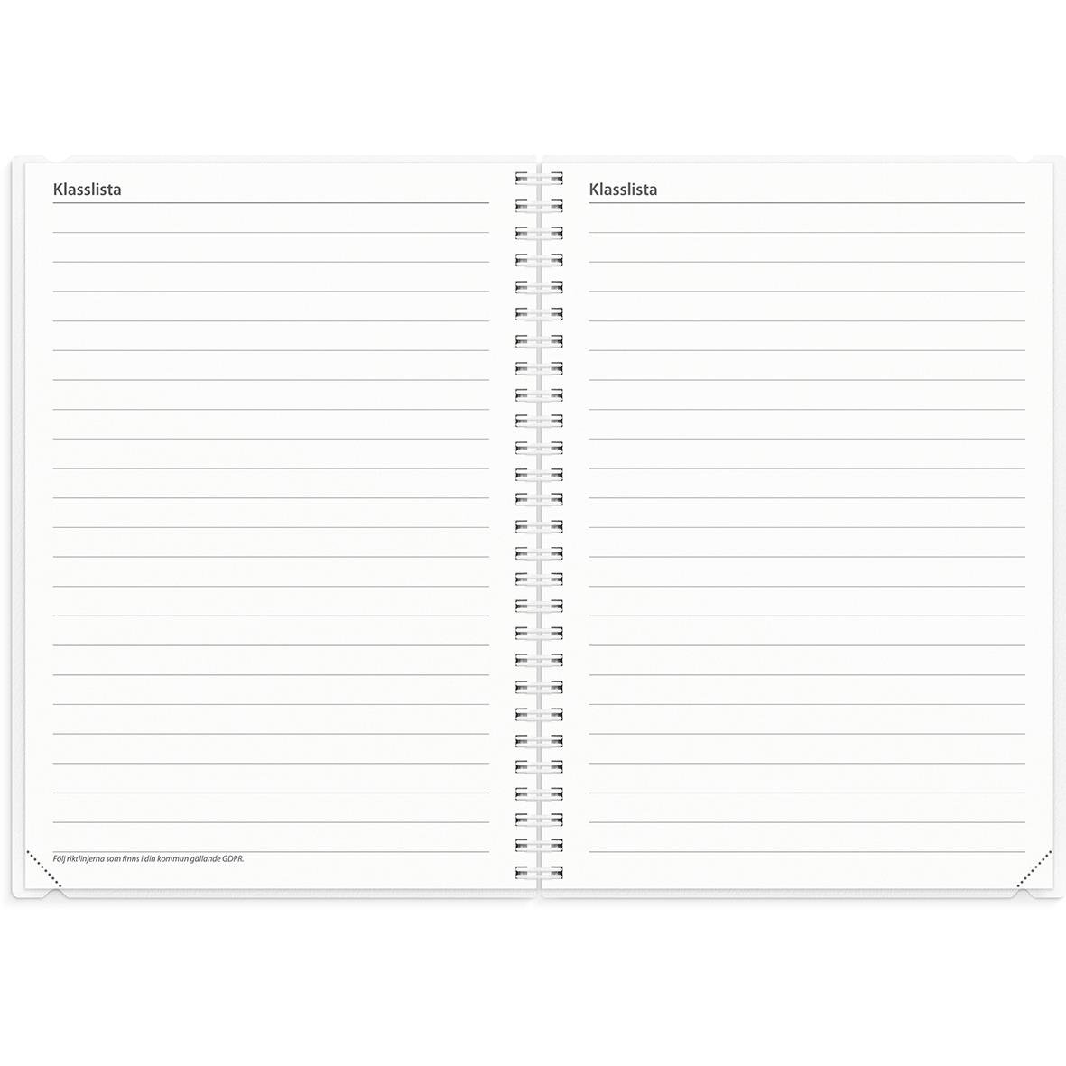 Öppen loggkalender för 2025-2026 med plats för klasslistor och anteckningar i A5-format