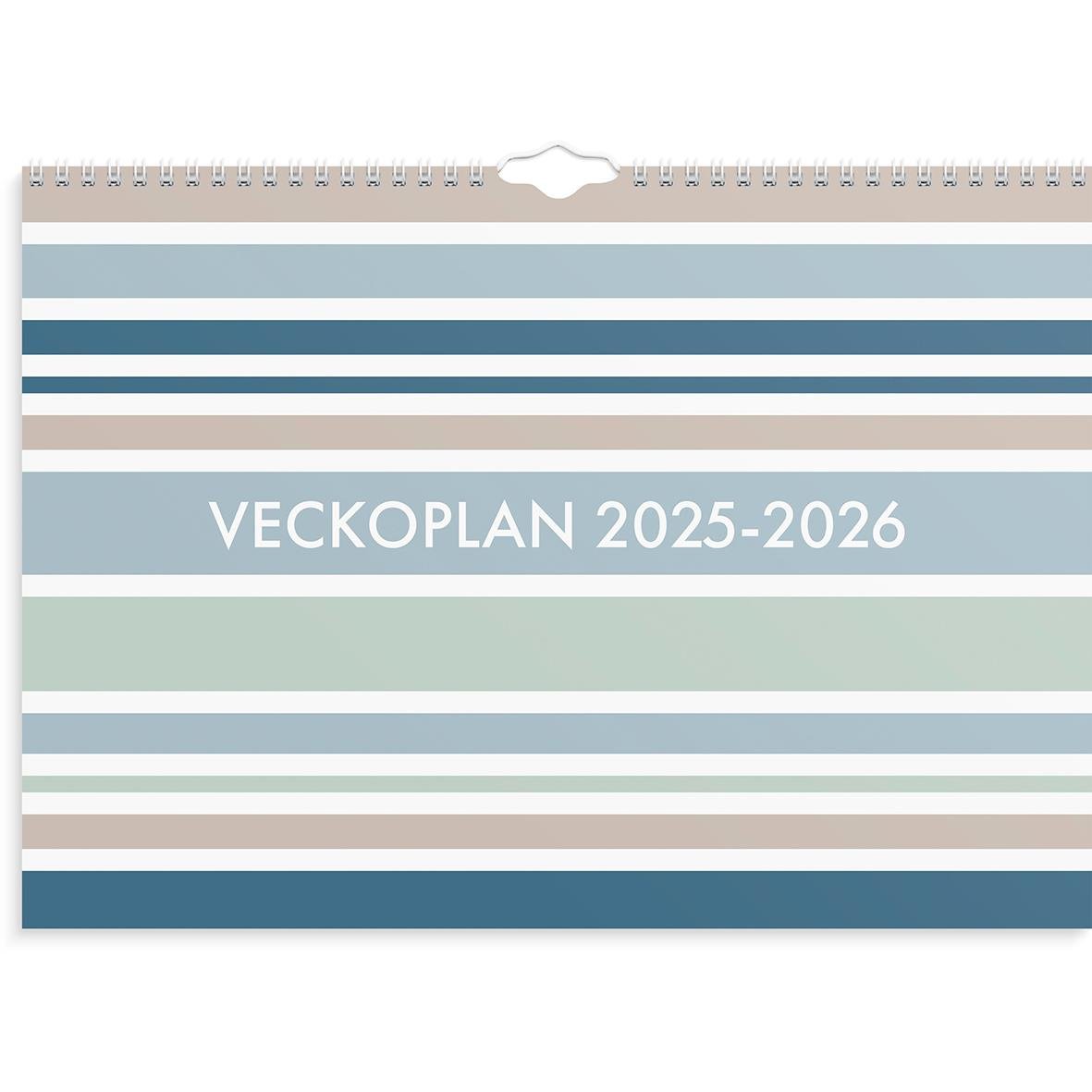 Väggkalender för veckoplan 2025-2026 med horisontella ränder i blå, grå och gröna nyanser, A3-format
