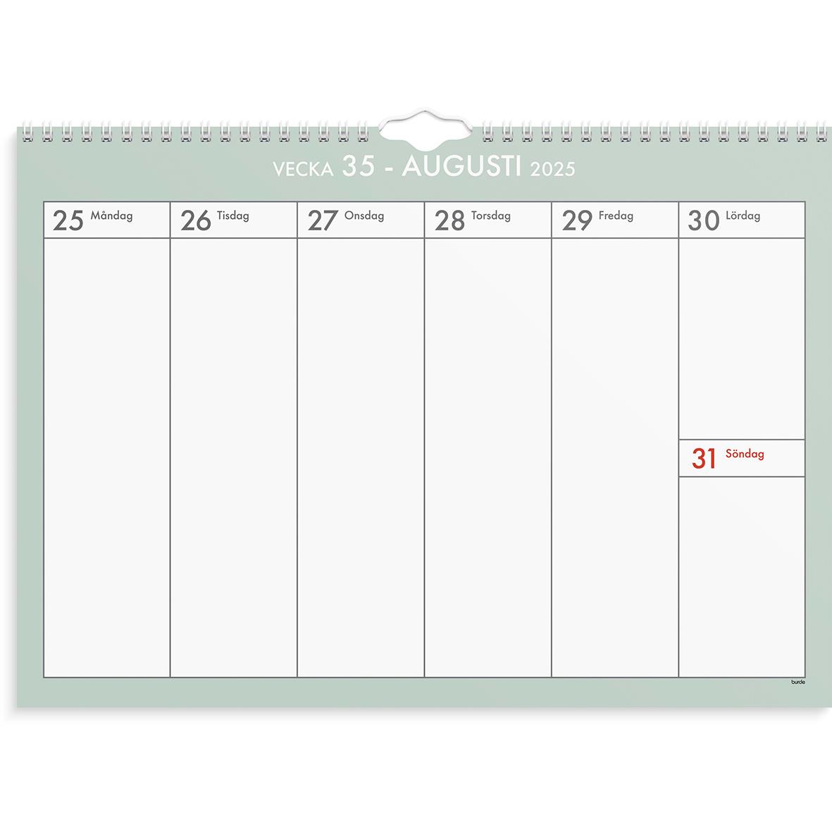 Veckoplan för vecka 35 i augusti 2025 med dagar 25 till 31, måndag till söndag, i A3 väggkalender