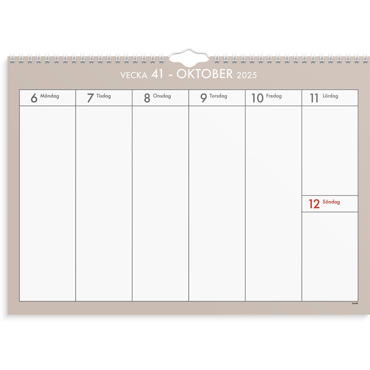 Väggkalender för vecka 41 oktober 2025 med plats för anteckningar, datum 6-12, A3 format