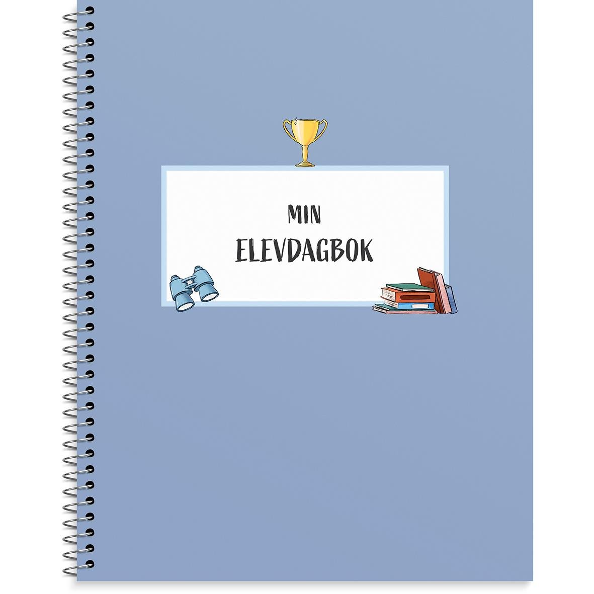 Lärar- eller elevdagbok med blått omslag, guldpokal, kikare och böcker