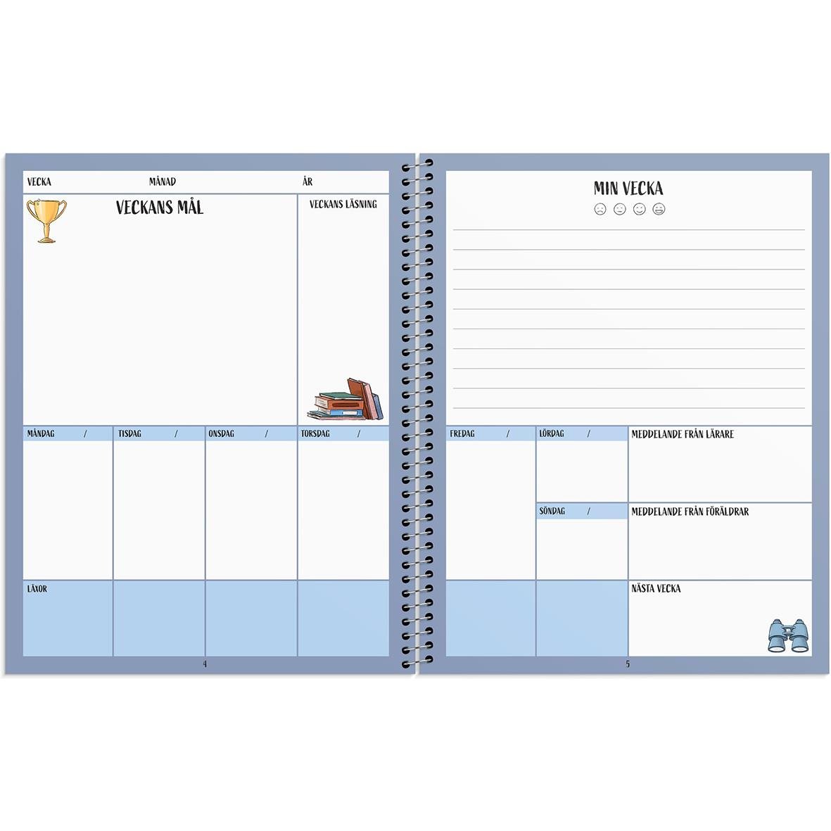 Öppnad elevdagbok med plats för veckomål, veckans mål och reflektioner, samt illustrationer av böcker och vattenflaska
