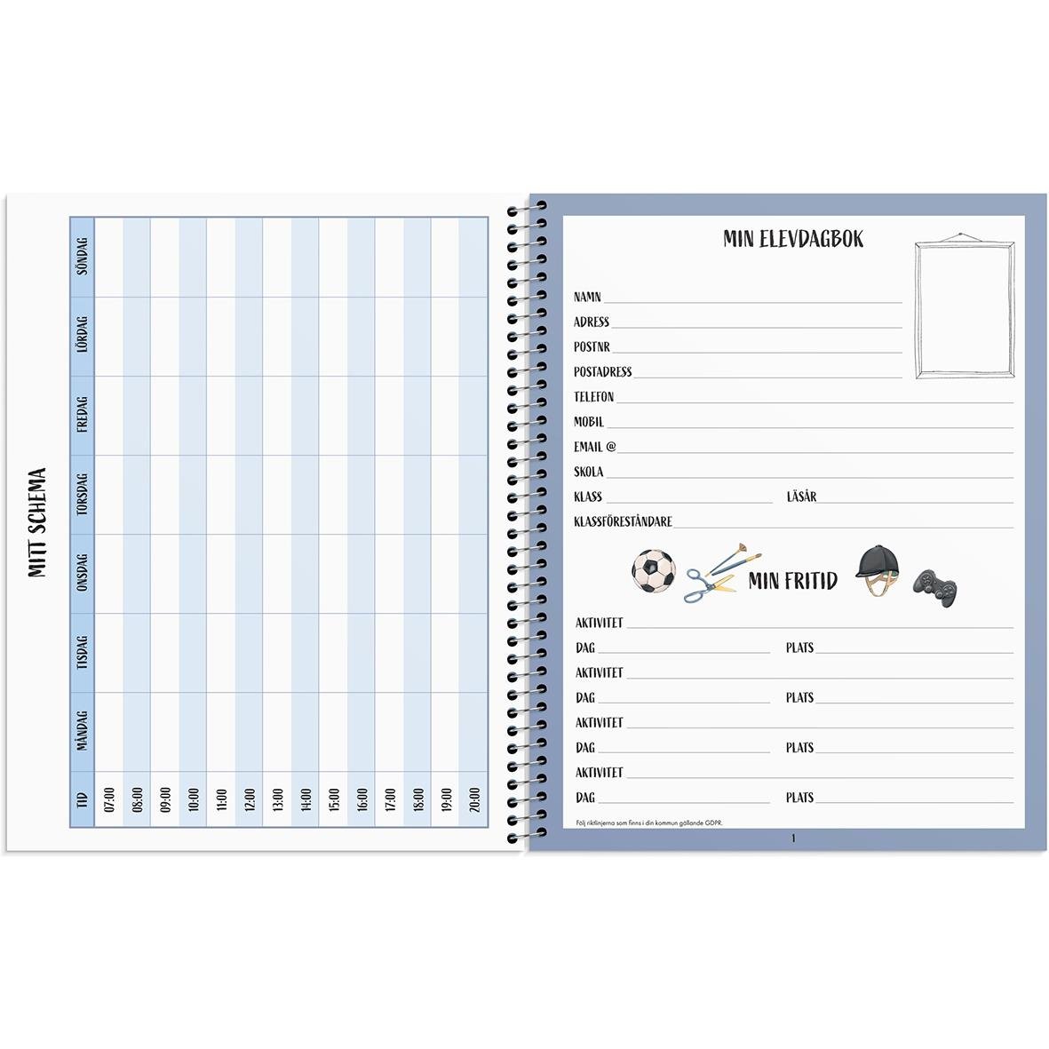 Öppen elevdagbok med plats för personuppgifter, foton och aktiviteter, samt en graf för att följa utveckling över tid