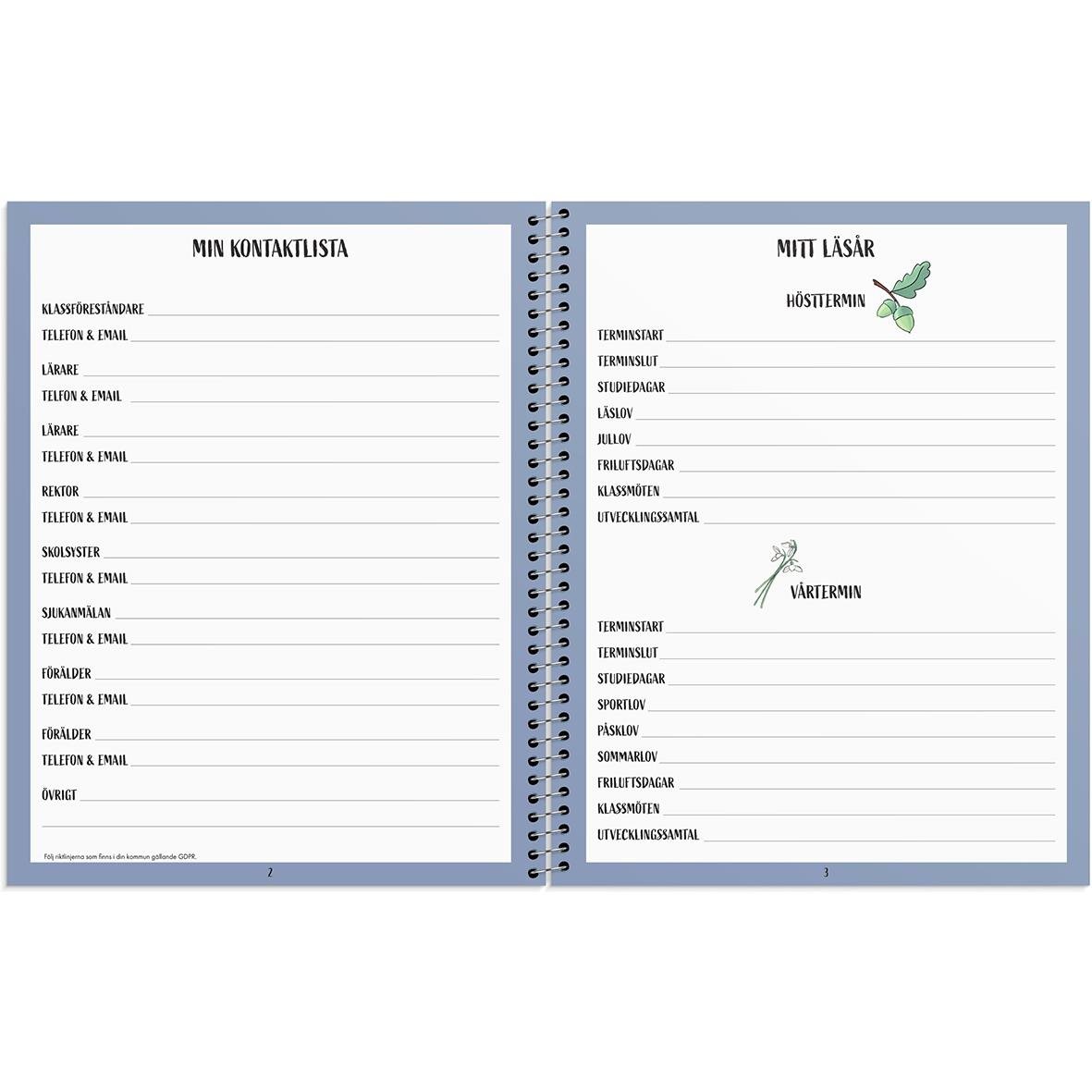 Öppnad elevdagbok med kontaktlista och läslogg, blått omslag och gröna bladillustrationer