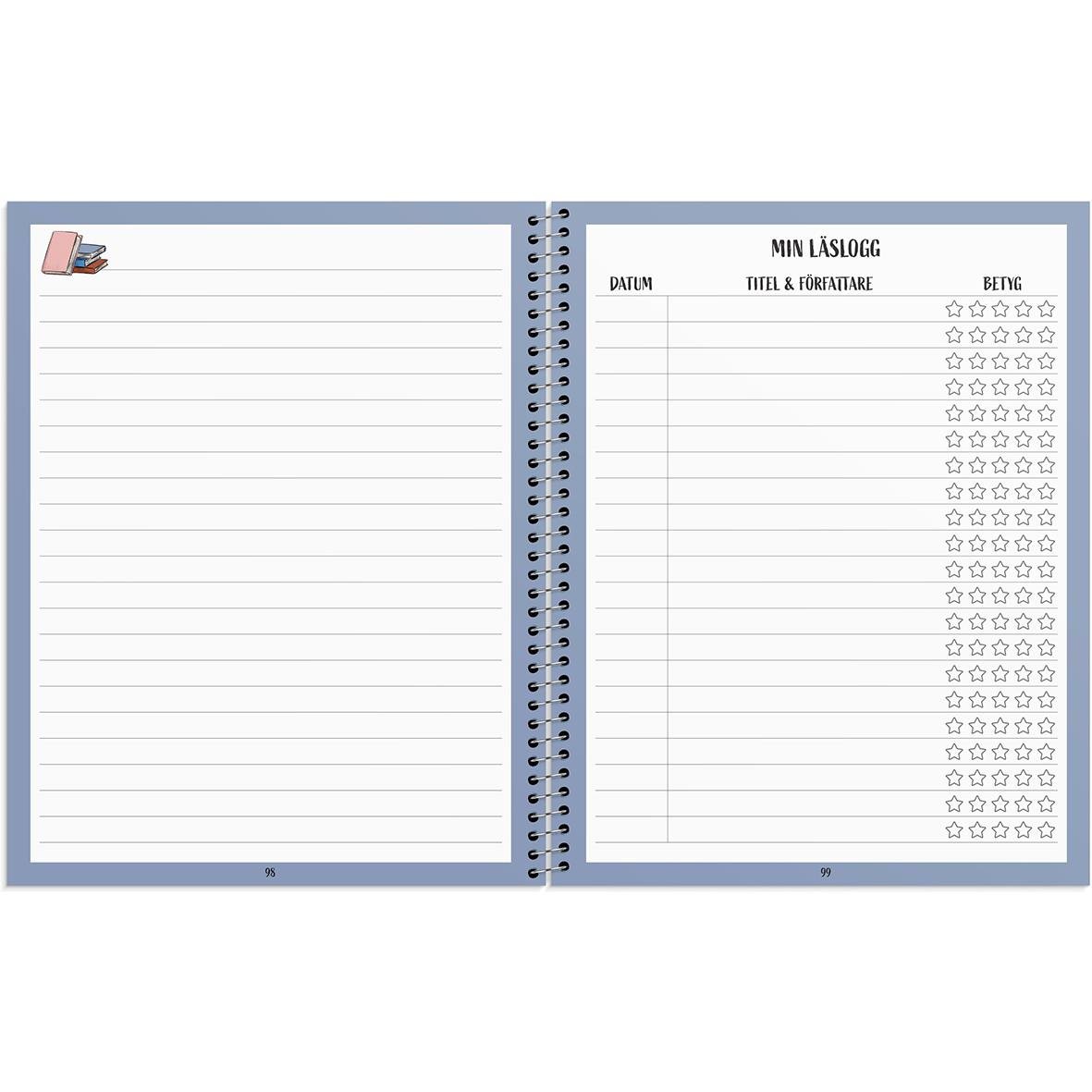 Öppnat elevdagbok med linjer för dagboksskrivning och en sida för läslogg med datum och betyg