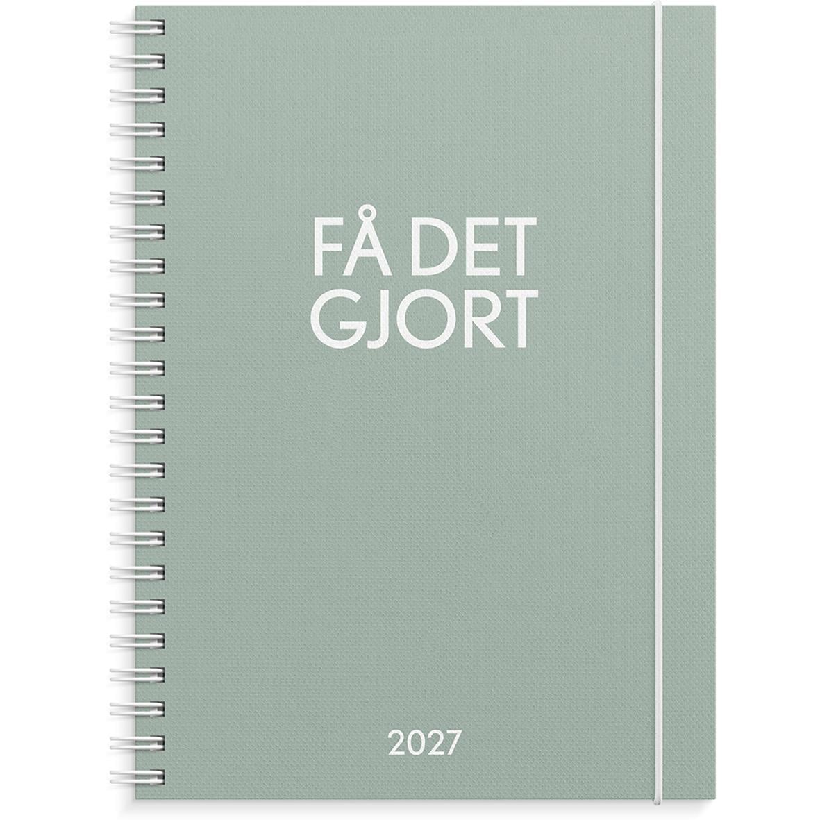 Grön A5 almanacka med spiralbindning för 2026 med texten Få det gjort 2026
