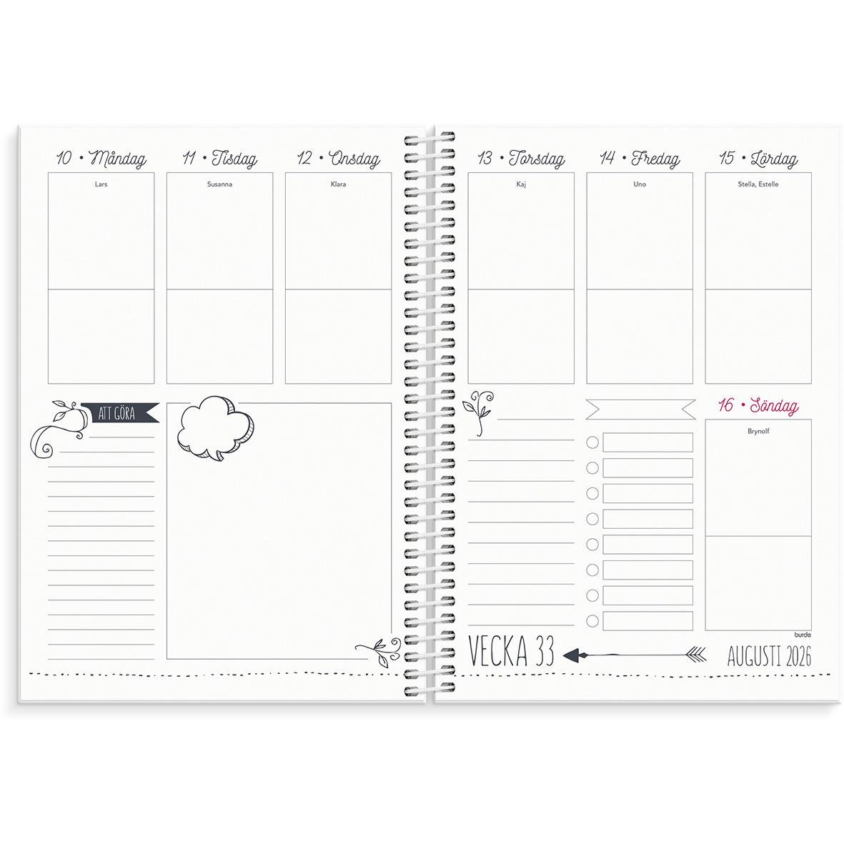 Veckoplanering i almanacka för vecka 33, augusti 2026, med doodle och plats för att skriva ner planer och tankar
