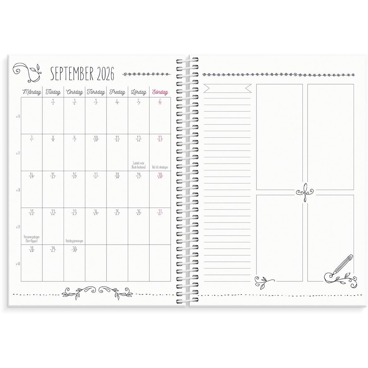 Veckoplanering för september 2026 med plats för anteckningar och doodles i en spiralbunden almanacka