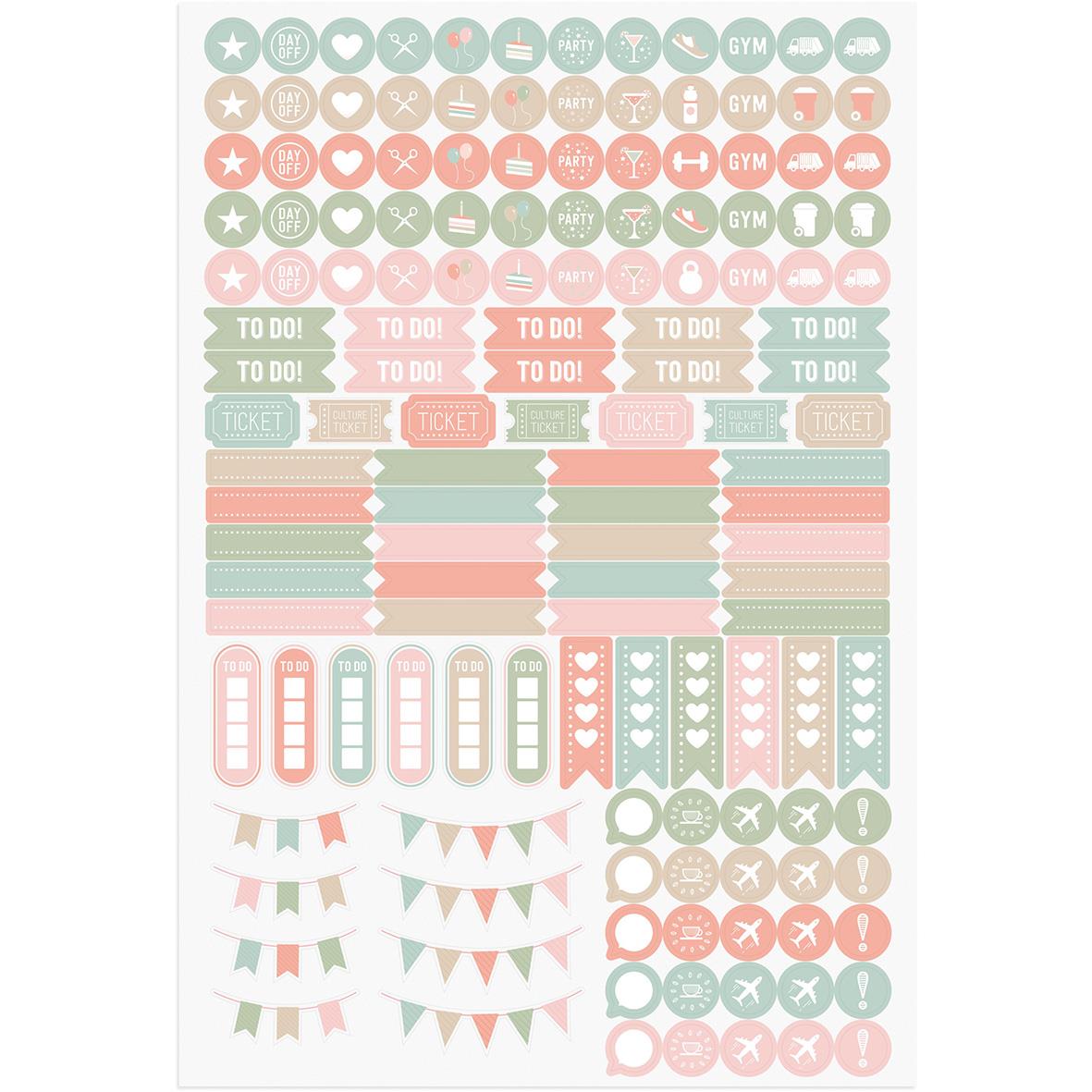 Veckoplanering och doodles för 2026 med ikoner, to-do listor, biljetter och dekorationer i pastellfärger