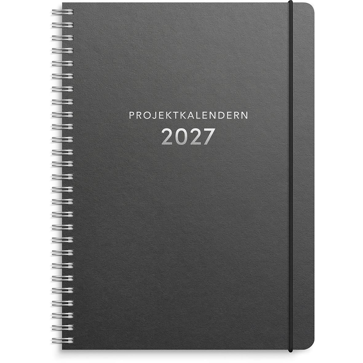 Svart projektkalender för 2026 med spiralbindning och elastisk bandhållare