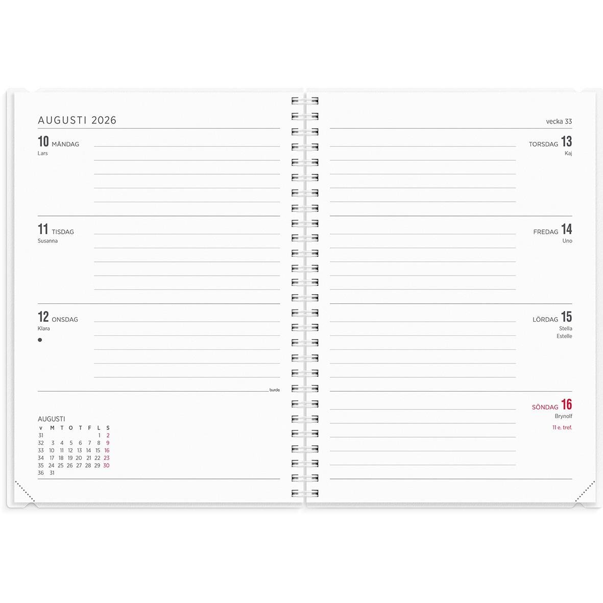 Översikt av en almanacka för augusti 2026 med veckodagar och datum i A5-format