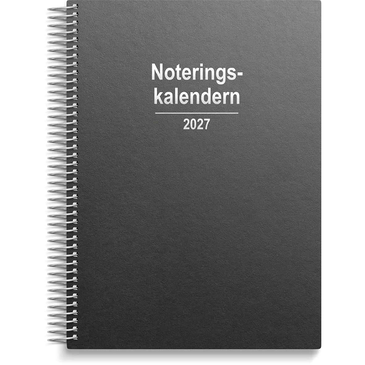 Noteringskalender 2026 i grå kartong med spiralbindning