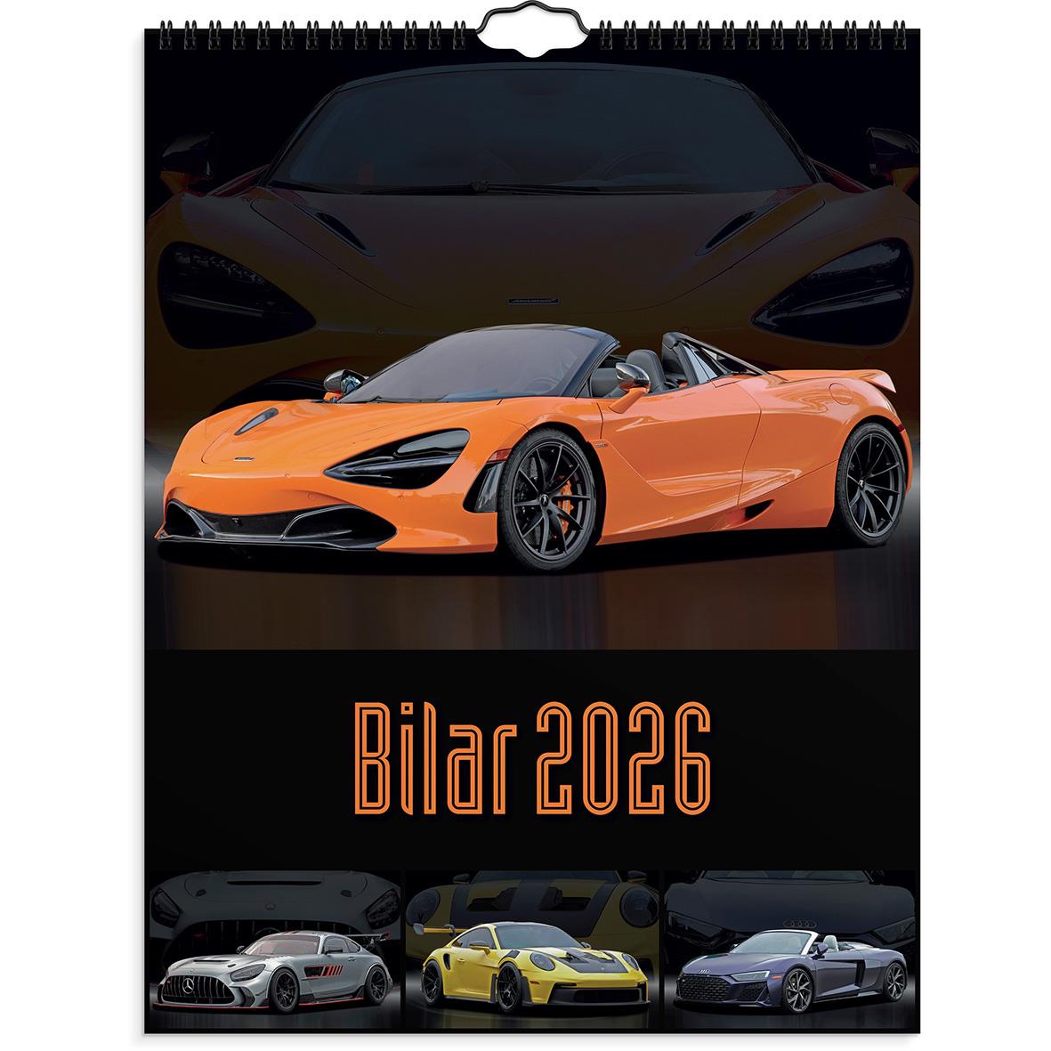 Väggkalender med sportbilar för 2026, med flera olika bilmodeller på framsidan
