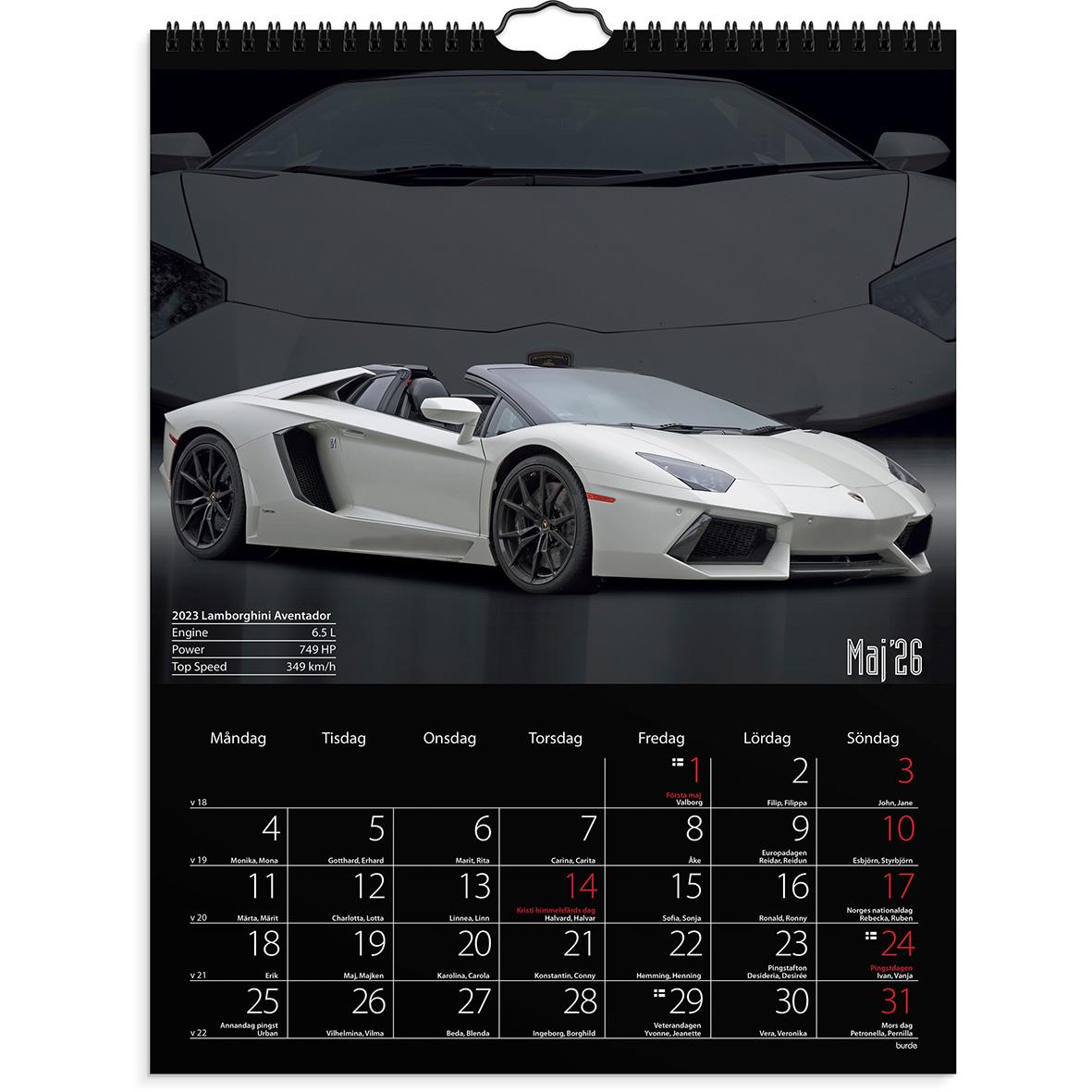 Väggkalender med en vit Lamborghini sportbil och en mörk bakgrund för året 2026