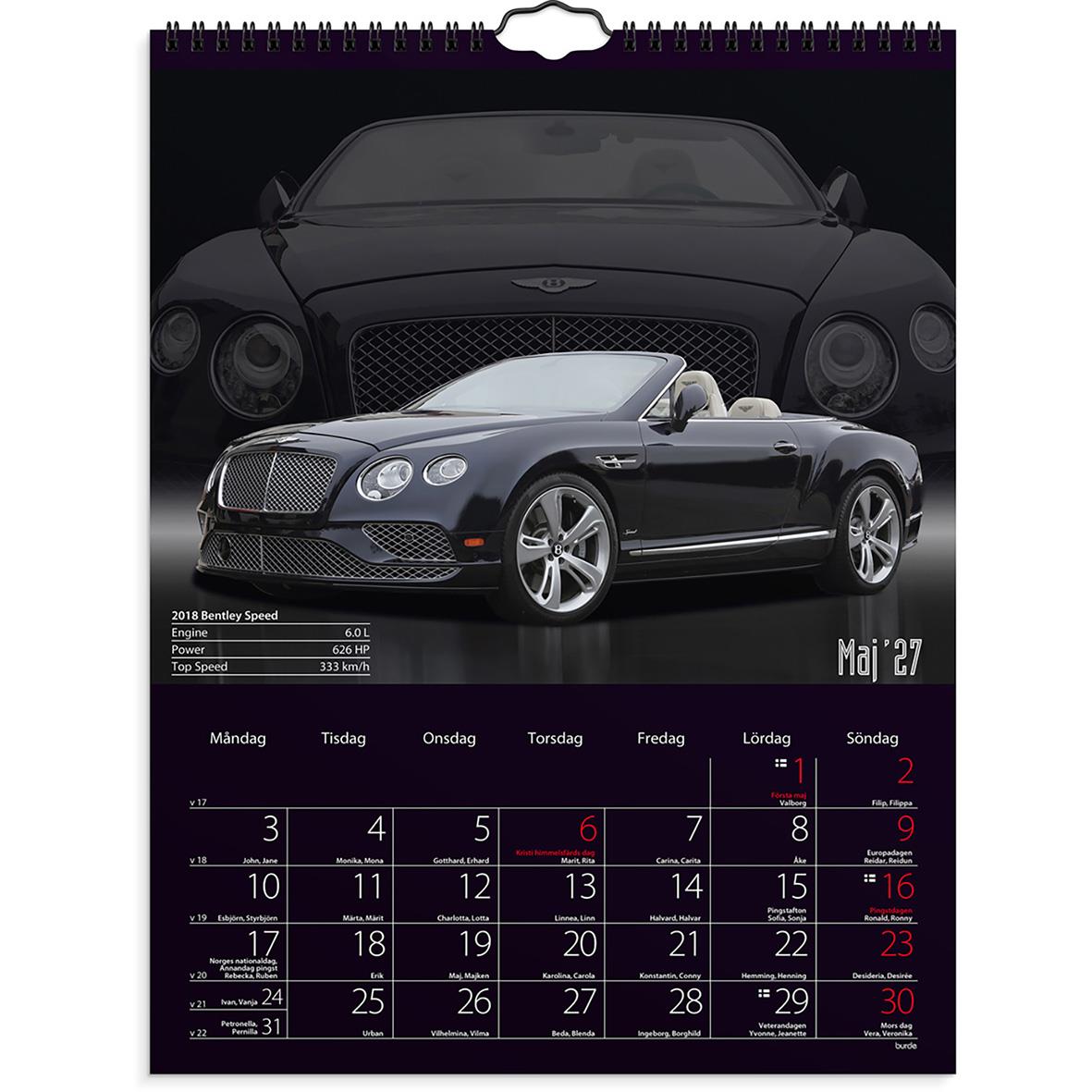 Väggkalender med en vit Lamborghini sportbil och en mörk bakgrund för året 2026