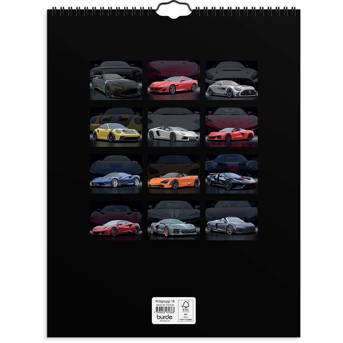 Väggkalender med bilder av olika bilar för 2026 på svart bakgrund