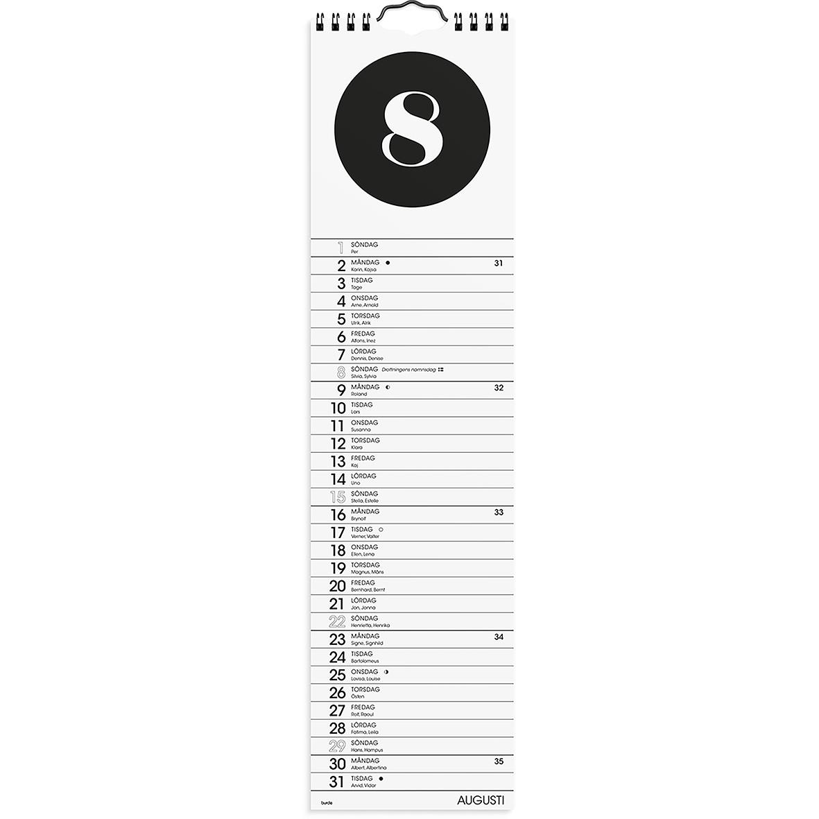 Kalender för augusti med datum och dagar i en vertikal layout