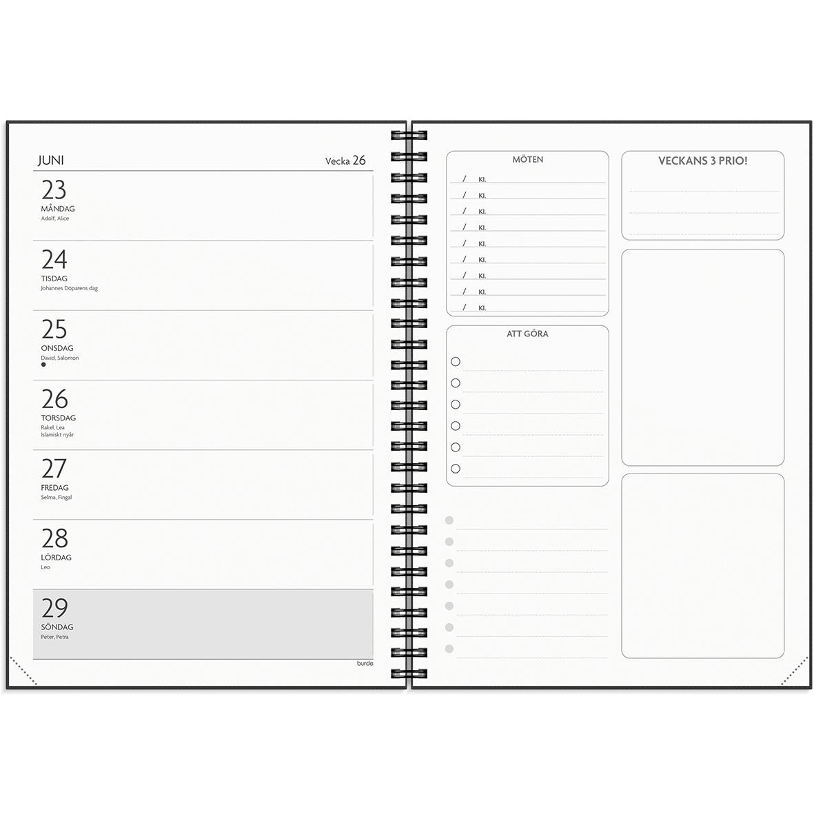 Veckoplanerare för juni med dagliga scheman och att göra-lista i A5-format