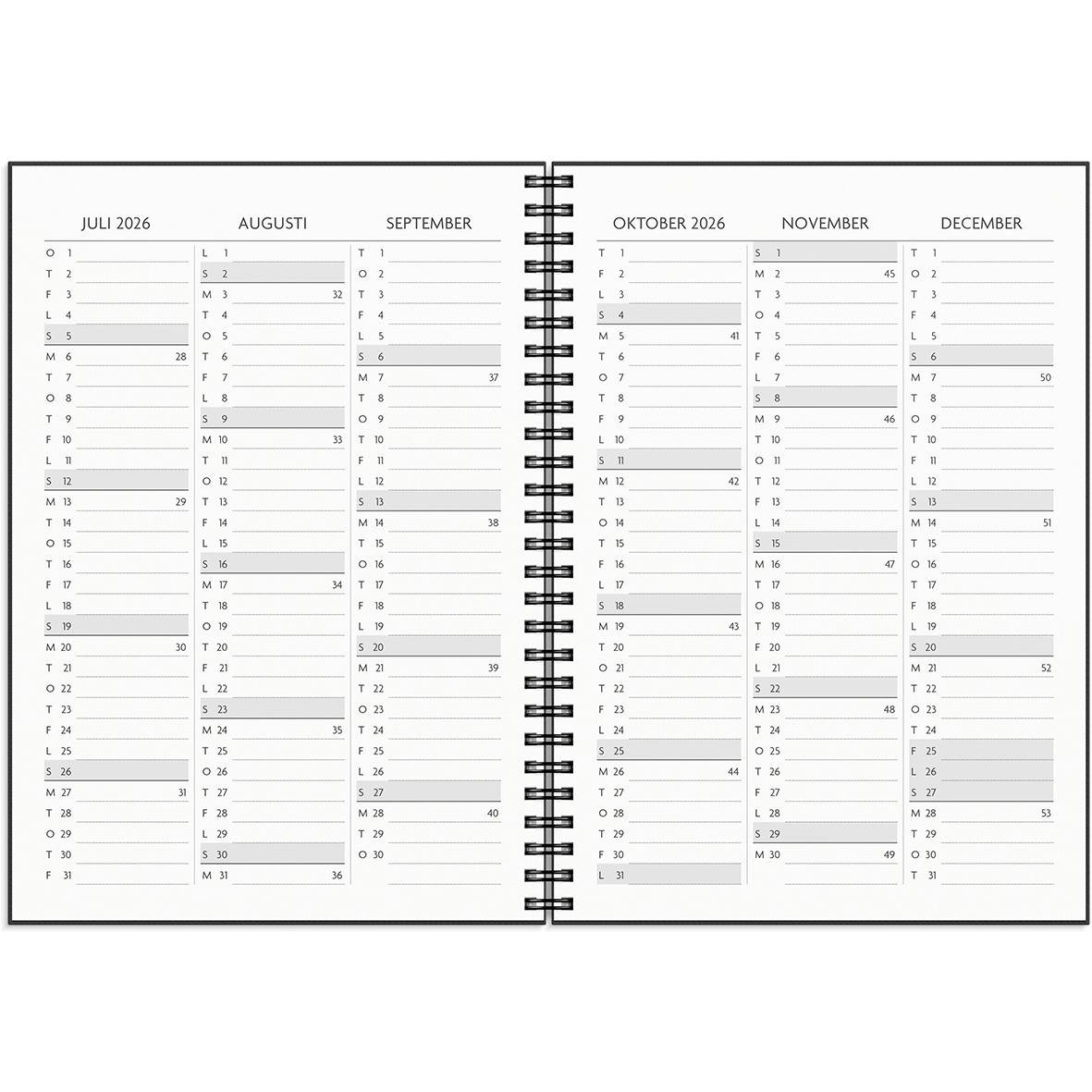 Öppen almanacka med linjerade sidor för anteckningar, spiralbindning i mitten