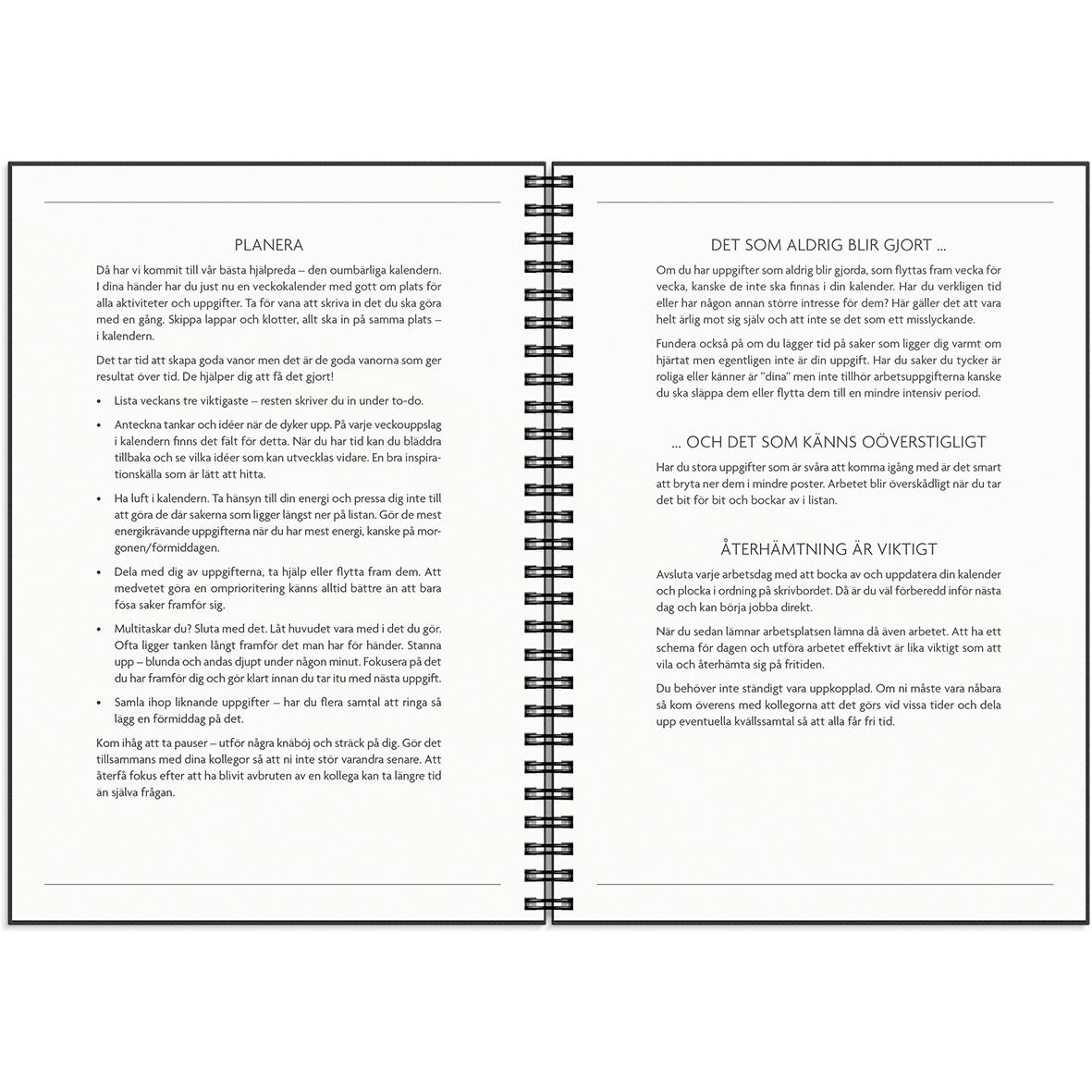 Öppen almanacka med veckoplanering och att-göra-lista, visar sidor för planering och viktiga påminnelser
