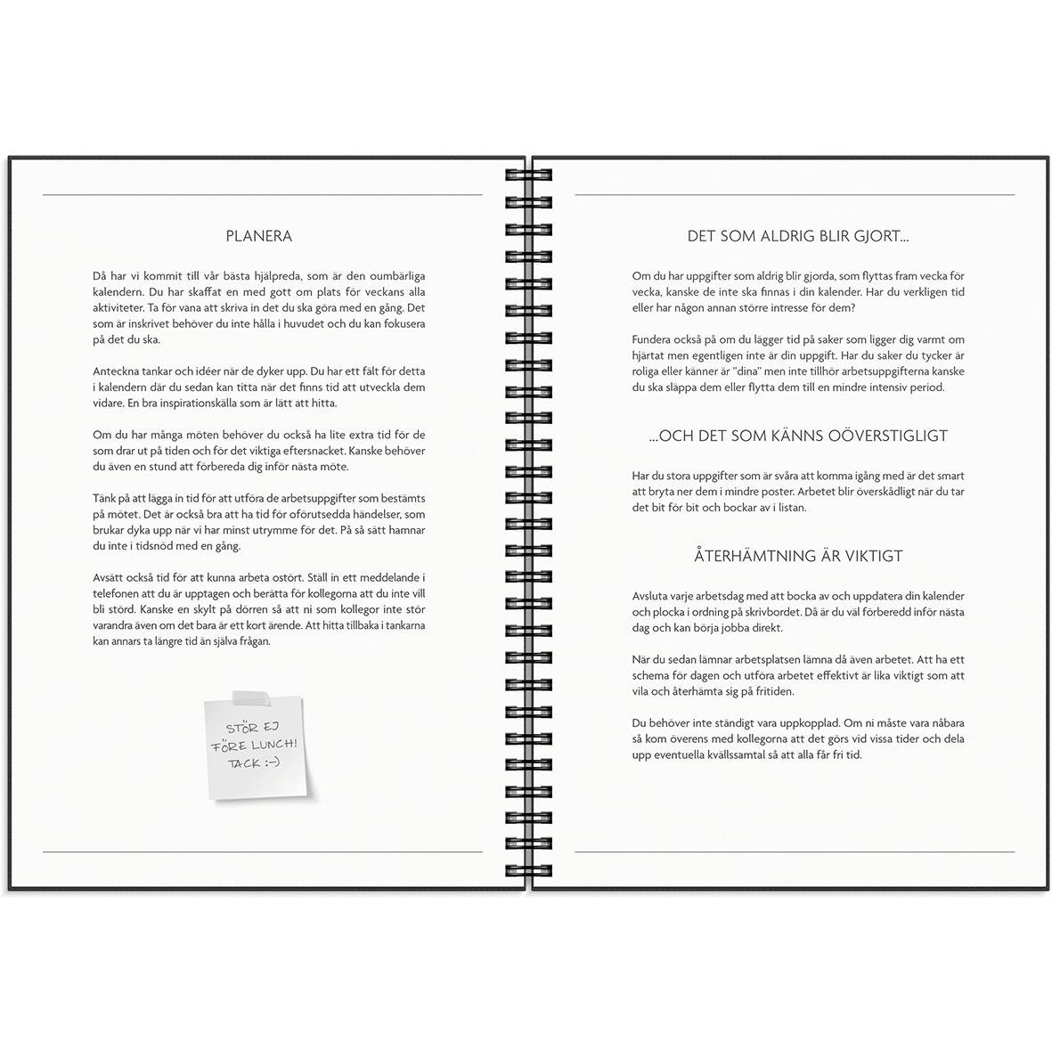 Öppen almanacka med veckoplanering och att-göra-lista, visar sidor för planering och viktiga påminnelser