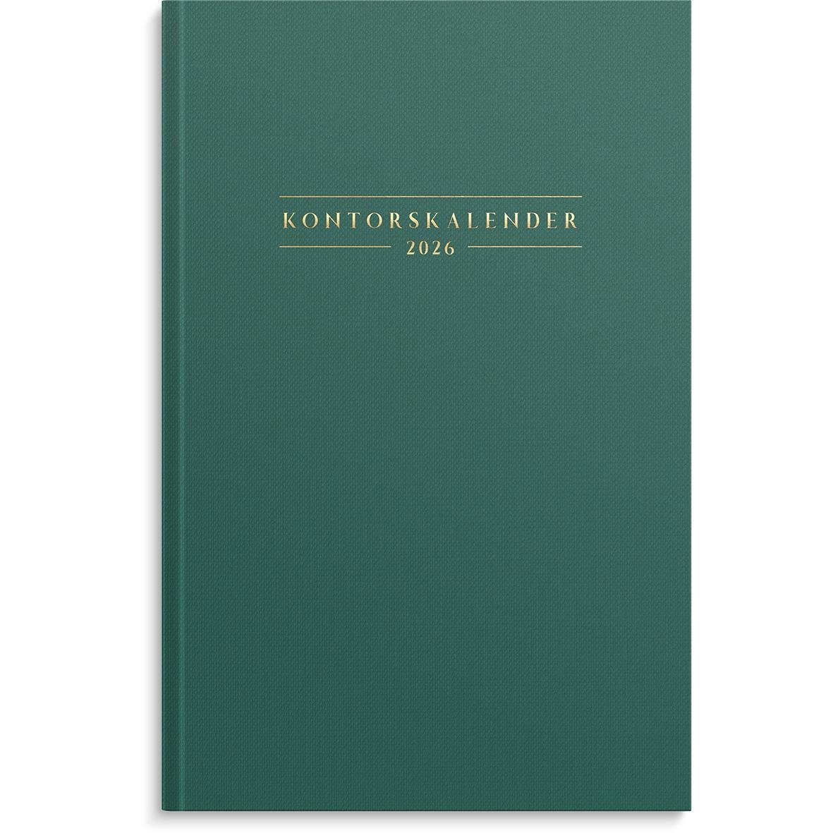 Grön kontorskalender för 2026 med titeln Kontorskalender 2026