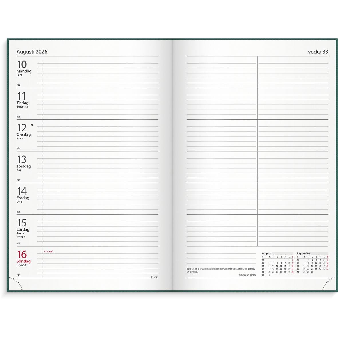 Grön kontorskalender för 2026 med veckovisa sidor och plats för anteckningar